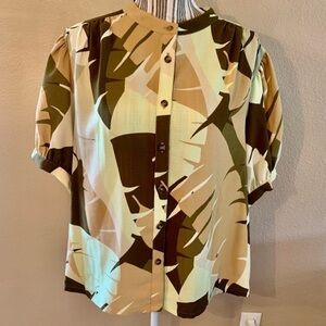 NWT Worthington Blouse 1X Palm Cove Tropical Pattern Olive Green Beige Yellow